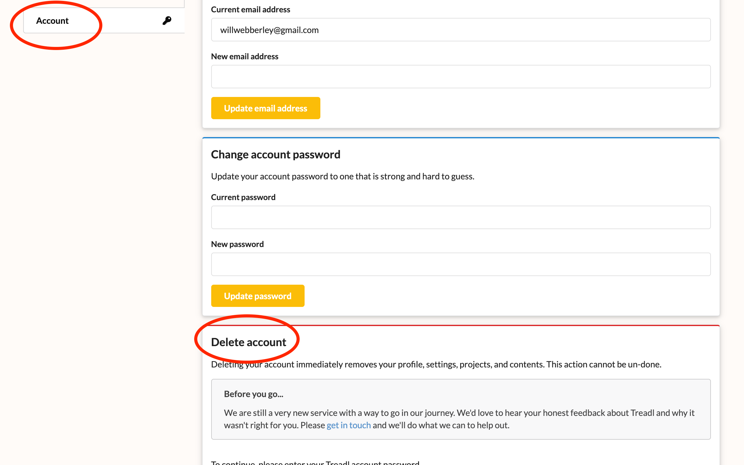 Finding the delete account area