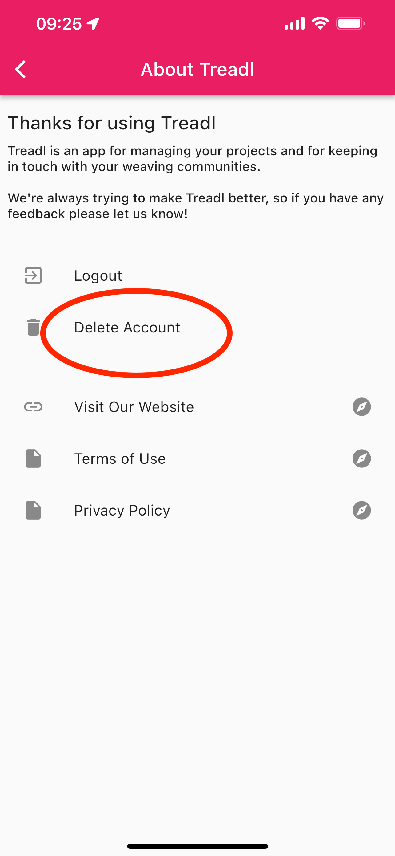 Finding the app delete account button