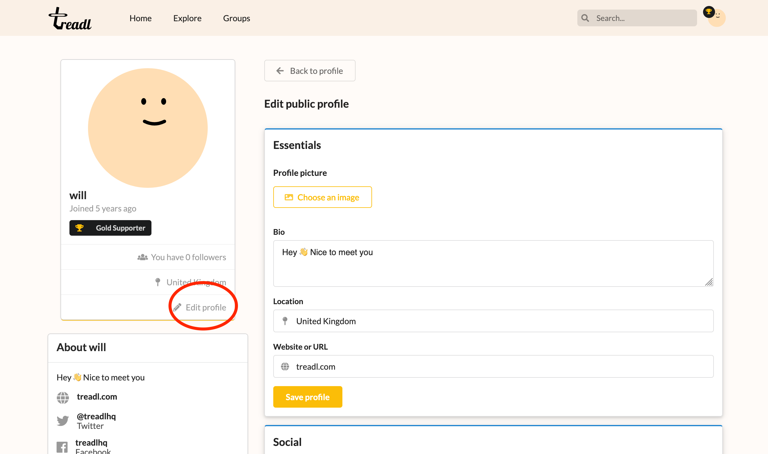Finding the edit profile button