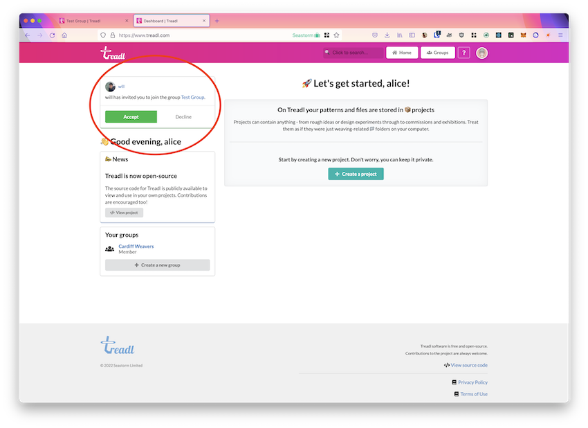 Pending invitations on the homepage