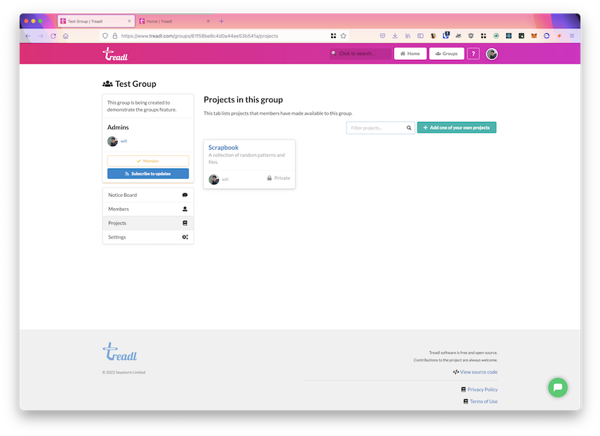 The group Projects tab