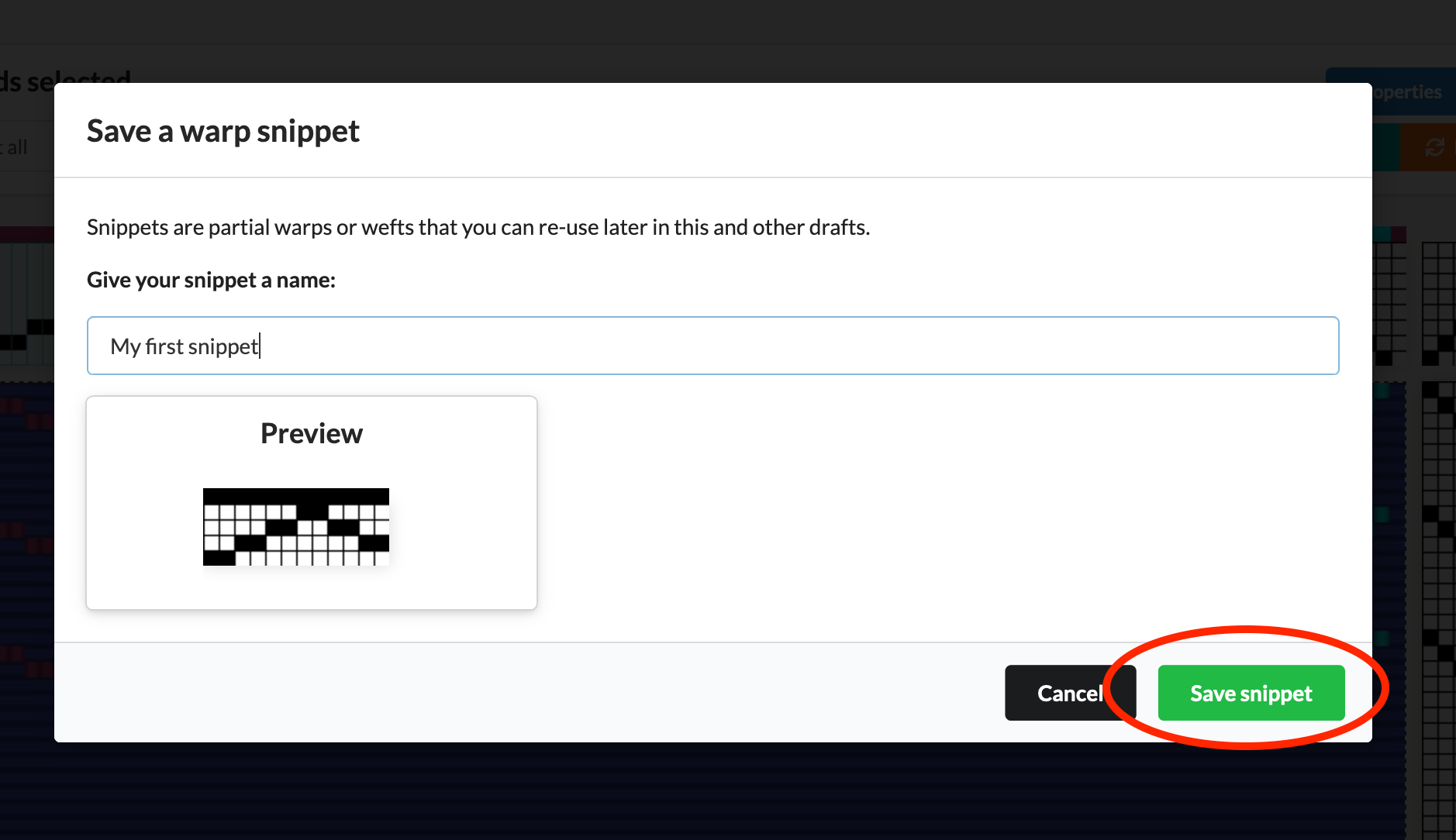 The save snippet window