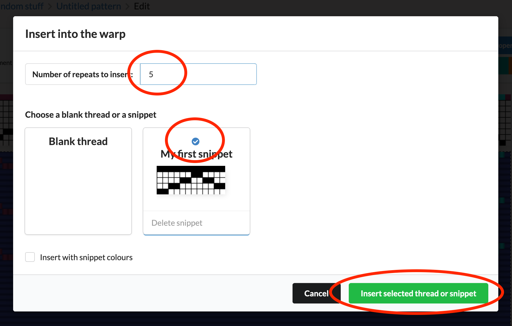 The insert snippet window