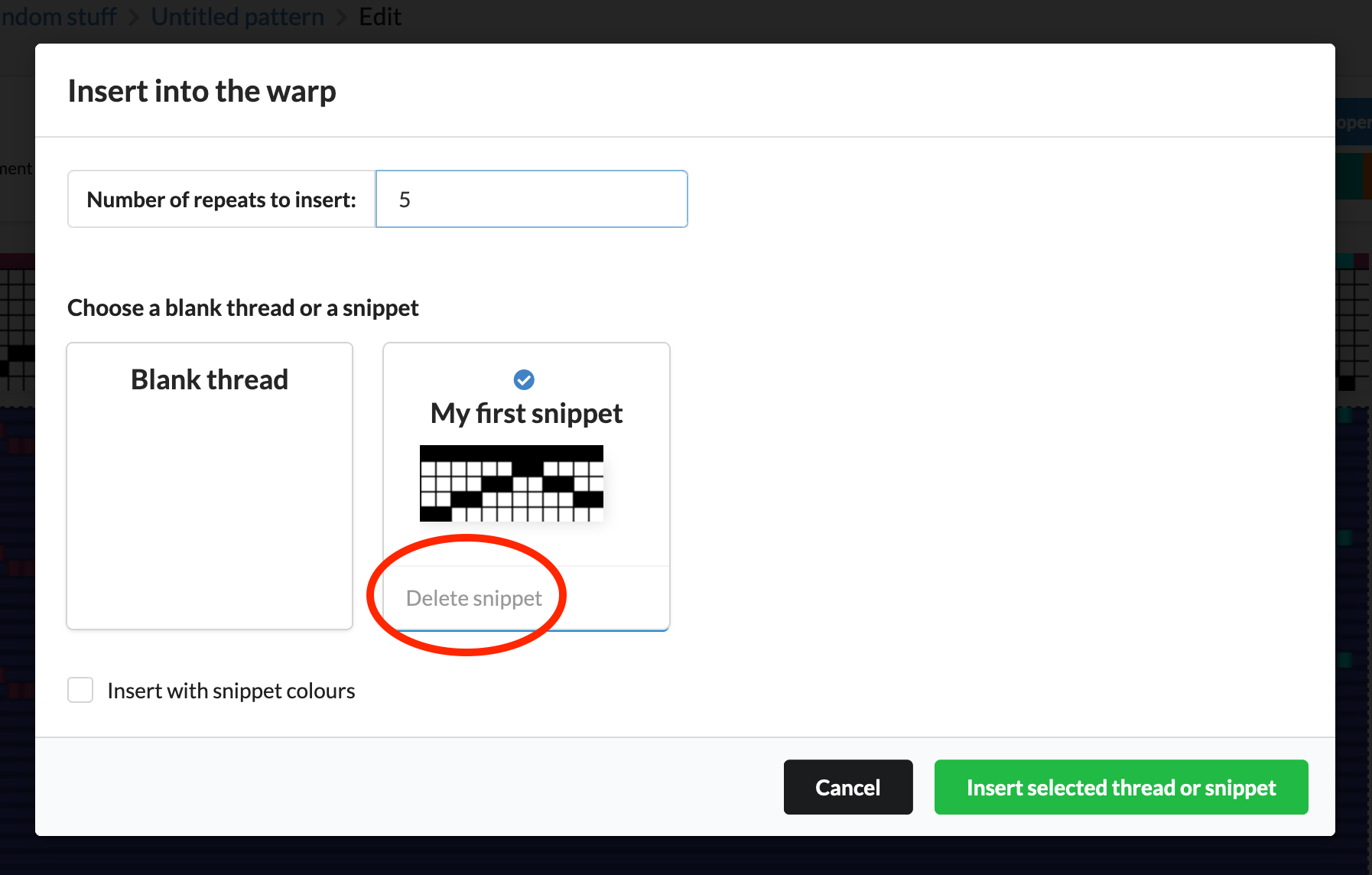 The delete snippet button